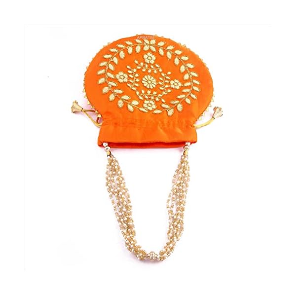 APRATIM Silk Women's Girls Beautiful Gota patti Work Potli Hand Bag-07 - Image 5