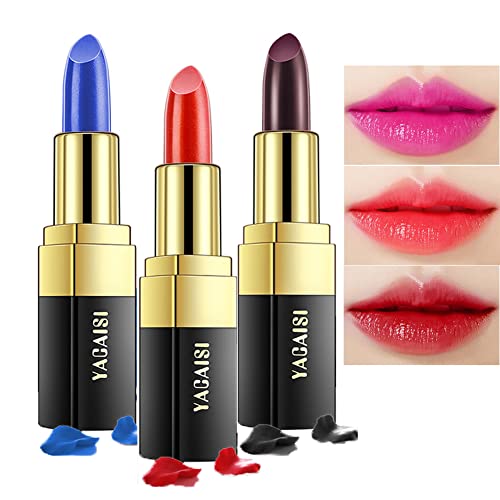 Pakivs 3 Stück Magisches Farbwechsel Lippenbalsam Lippenstift Set, Langlebig Wasserdicht Langlebig Nahrhaft Lippenbalsam Lippen Feuchtigkeitscreme Lippenstift (3 Farben Rose) Cover