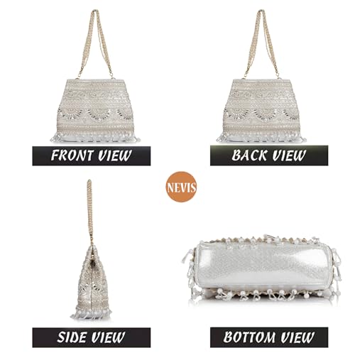 Image of Nevis Stylish Embroidery Unique Design Traditional Wedding Party Handheld Potli Bag For Women (SILVER)