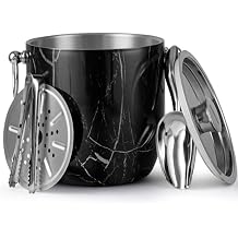 3 Liters Ice Bucket, Double Wall Stainless Steel, Insulated Ice Bucket, Including Strainer & Ice Cover Ice Tongs, Scoope,Black Marble