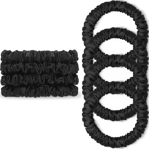 Scrunchies Hair Ties Silk Satin Scrunchy WantGor Women 4PC Pure Mulberry Silk Skinny Elastic Scrunchies Hair Bands Bracelets Ponytail Holders Hair Accessories (Black*4)