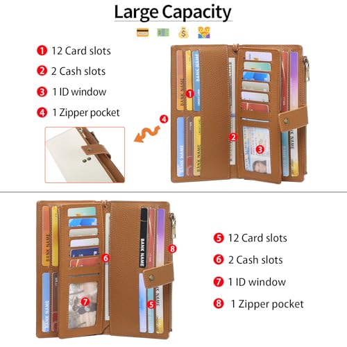SENDEFN Womens Wallets Large Capacity Leather Credit Card Holder Double Zipper RFID Blocking Wristlet Purse2