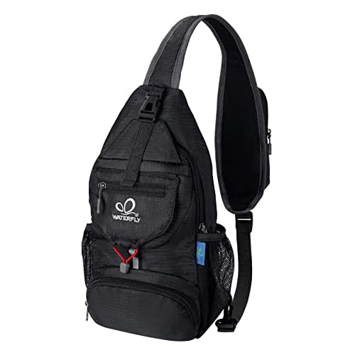 WATERFLY Packable Small Crossbody Sling Backpack Shoulder Chest Bag Daypack for Hiking Traveling Black