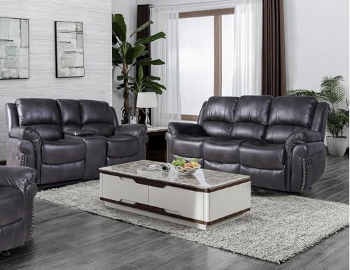 ERYE 2 Pieces Manual Reclining Sofa Sets Include 3 Seater Couch and Loveseat,Faux Leather Tufted Upholstered Motion Recliner Sofa Couches with Drop-Down Cupholders