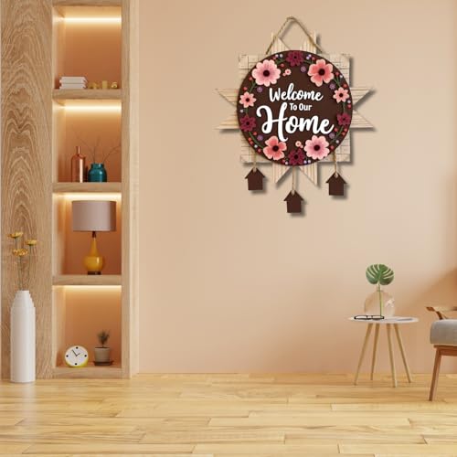 Image of GiftOday Welcome To Our Home Wooden Wall Hanging Decoration Items for Home | Gifts | Wooden Wall Hanger | Wall Decoration for Living Room | Artworks Wall Hangings | Modern Decor Items (18 x 30 CM)
