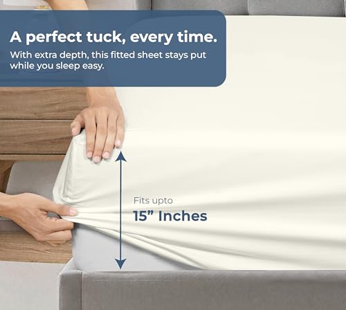 Image of ROYALE LINENS Fitted Sheet with Pillowcases - Full Fitted Sheets with 2 Pillowcases - 300 Thread Count 100% Organic Cotton - Fits Mattress Up to 18 inch Deep - Soft & Breathable - Ivory (No Flat Sheet)
