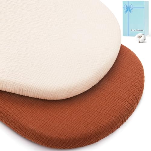 Image of Pro Goleem Muslin Bassinet Sheets, 100% Cotton Breathable Soft Fitted Baby Pad Protector for Boys Girls, Fit Oval/Hourglass/Rectangular Bassinet Mattress, Neutral, 2 Pack (Brown&Beige)