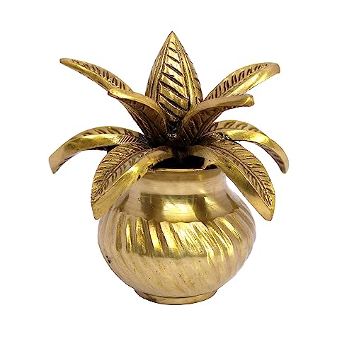 Image of eSplanade Brass Kalash Kalasha with Coconut Shriphal Leaves for Temple Attire - Decorative Items - Home Decor - Golden - 4.5 inch Inches