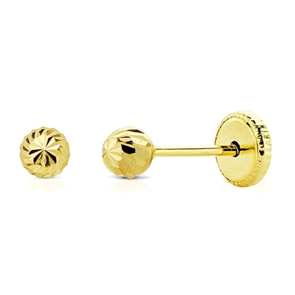Pendientes Oro 18k bola tallada 5mm. bebé cierre tornillo