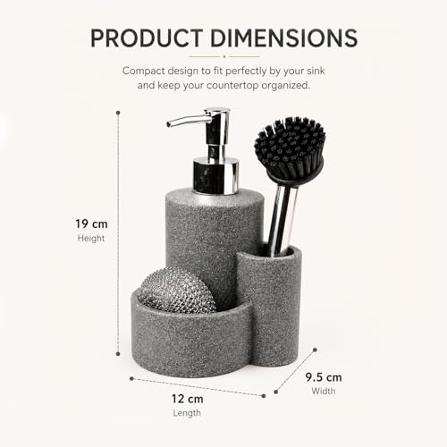 Image of MARKET 99 Kitchen Soap Dispenser (360 ML) | Grey Polyresin Dish Wash Liquid Holder | Matte Cylindrical Sink Accessory with Tiered Stone Finish for Kitchen Countertop