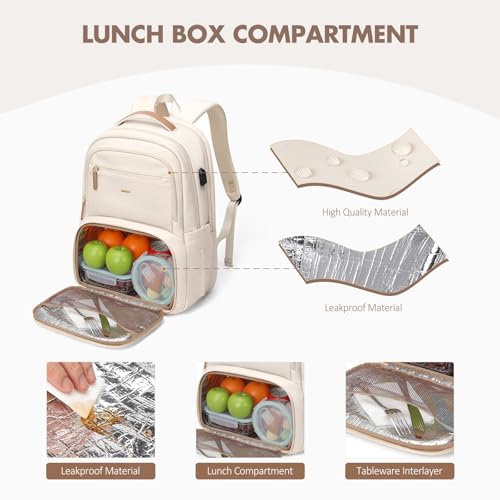 Lunch Backpack for Women Men,15.6Inch Insulated Lunch Box Backpack with USB Charging Port, Diaper Laptop Back pack for Travel Picnic Work Teacher Nurse,Beige3
