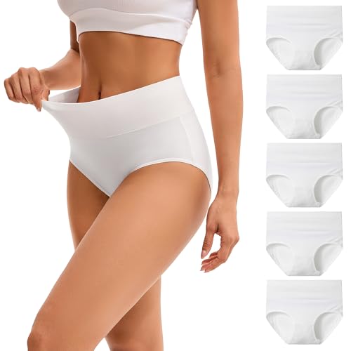 INNERSY Damen Unterhosen Weiß High Waist Slip Baumwoll Unterwäsche Sommer Hipster Panties 5 Pack (XS Milchiges Weiß)