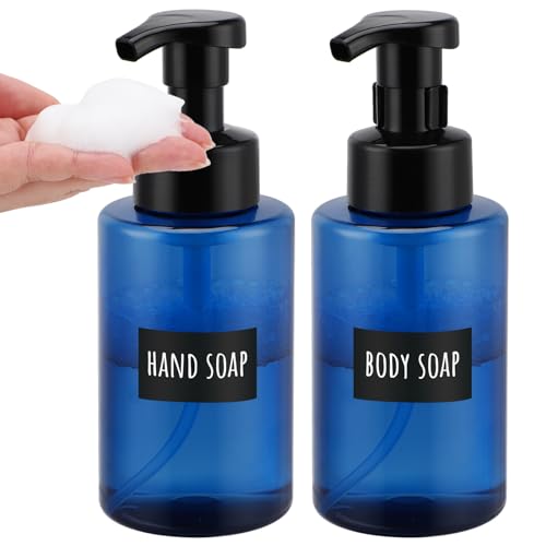 Segbeauty Dispensador Jabon Baño, 2 Piezas 400ml Dispensador Espuma, Botella para Espuma, Dispensador Jabon de Plástico, Dosificador Jabon con Etiquetas, Set de Baño (Azul)