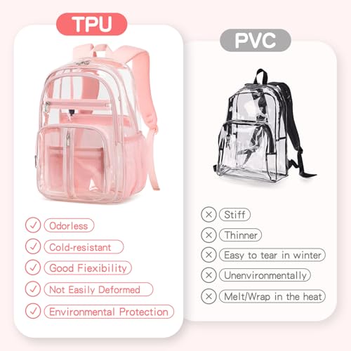 Image of Pink Big Clear Backpack Heavy Duty For Lady,18in XL TPU Bookbag 15Age+ Girl | See Through Stitch durable plastic Multi-Pocket Design For School Adults work Warehouses Airport security,check events