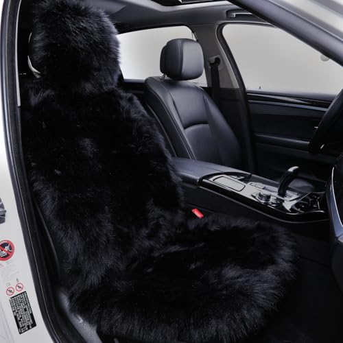 FLMAIPU Faux Sheepskin Car Seat Cover-Fluffy Fuzzy Soft Auto Seat Cushion for Automotive Universal Fits Most Car SUV Truck Minivan, Women 1pc (Black)