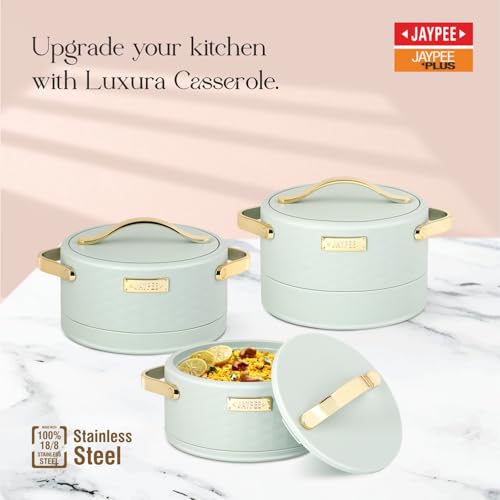 Image of JAYPEE Luxura Inner Stainless Steel Serving Casserole Set of 3 Elegance Unique Design PU Insulated 100% Food Grade with Lockable Lid, Chrome Plated Handle Hot Case |1500, 2000, 2500 ml, Green