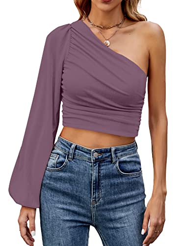 LYANER Women's Ruched One The Shoulder Lantern Long Sleeve