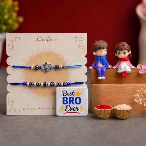 Image of eCraftIndia Designer Blue Evil Eye Rakhi Set with Best Bro Ever Fridge Magnet & Cute Couple Showpiece | Handmade Raksha Bandhan Gift Combo for Brother