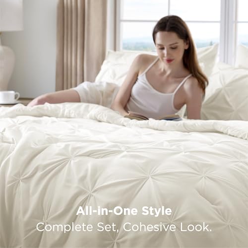Image of Bedsure Queen Comforter Set Ivory - Bed in a Bag Queen Size Bedding 7 Pieces, GentleSoft Pintuck Bed Set Gift for Family, All Season Down Alternative Comforter with Sheets, Pillowcases & Shams