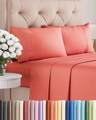 Image of Twin 4 Piece Bed Sheet Set - Comfy, Breathable & Cooling Sheets - Coral | Ultra Soft Hotel Luxury Bedding Set with 8-16 Inch Deep Pockets, 1 Flat & 1 Fitted Sheet & 2 Pillowcases, Wrinkle & Fade Free