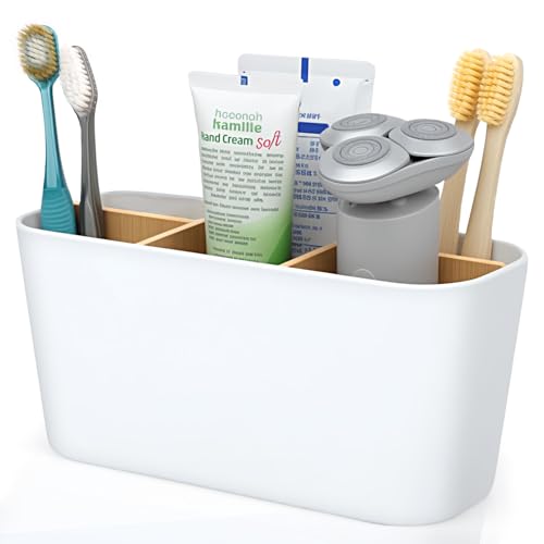 VINATO Soporte Cepillo De Dientes, Portacepillos de Dientes Electrico, Particiones de Bambú Porta Cepillos Dentales De Baño con 5 Compartimentos Organizador Baño para Oficina, Sala, Estar Cocina