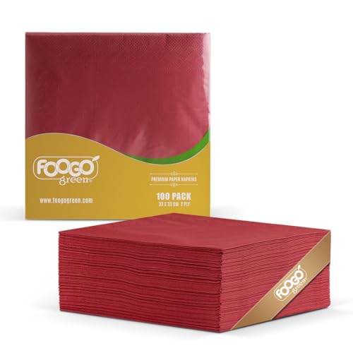 FOOGO Green 100pcs Elegant Red Paper Napkins, FSC® Certified, 33 x 33 cm, 2 Ply Strong Serviettes, Fully Home Compostable, Super Soft Paper Tissues, Cocktail Disposable Napkins