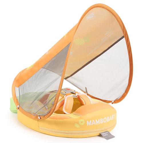 Image of Mambobaby Float Add Tail Baby Swim Float with Canopy Solid Pool Infant Swim Trainer Swimming Training Lying Air Free Water Floats Non-Inflatable Waist Swim Ring for Toddlers (Pineapple)