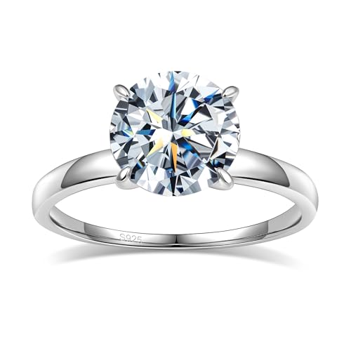 Moissanite Rings for Women, D Color VVS1 Clarity Round Engagement Ring 925 Sterling Silver with 18K White Gold Plated, Moissanite Solitaire Promise Wedding Ring 1/1.5/2/3 CT