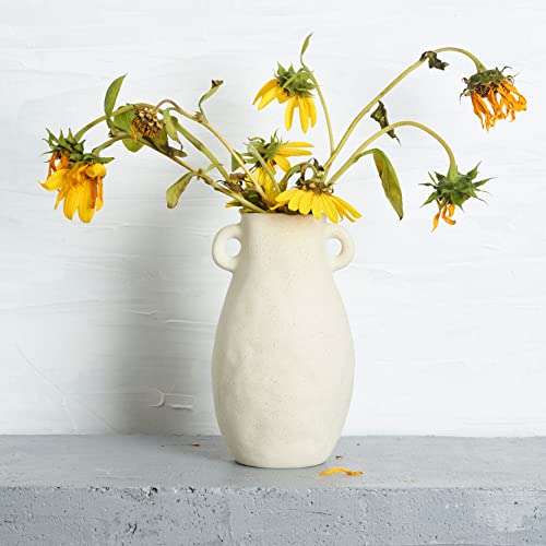 Blossome Ceramic White Vase, Neutral Tone Greek Pottery For Home, Shelf And Side Table Décor, Rustic And Vintage Gift- 8” #TOP1