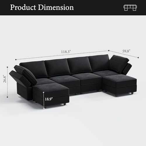 Vesgantti 118" 6 Seats U Shaped Modular Sectional Couch with Storage, Black - image 2