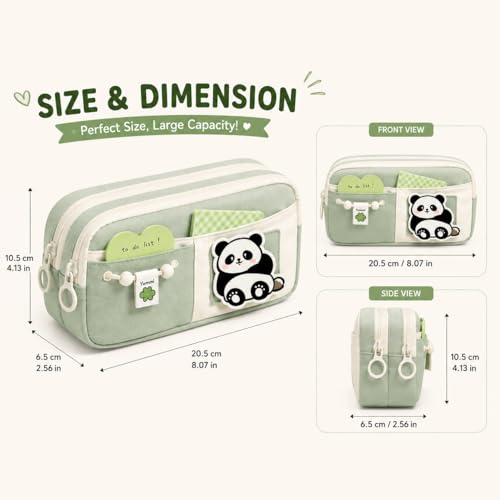 Image of Kawaii Cute Aesthetic Pencil Case for Girls & Boys | 3 Layer 6 Compartment Large Capacity Pencil Pouch with Zipper | Cartoon Stationery Organizer Bag for Students & Kids (Green)