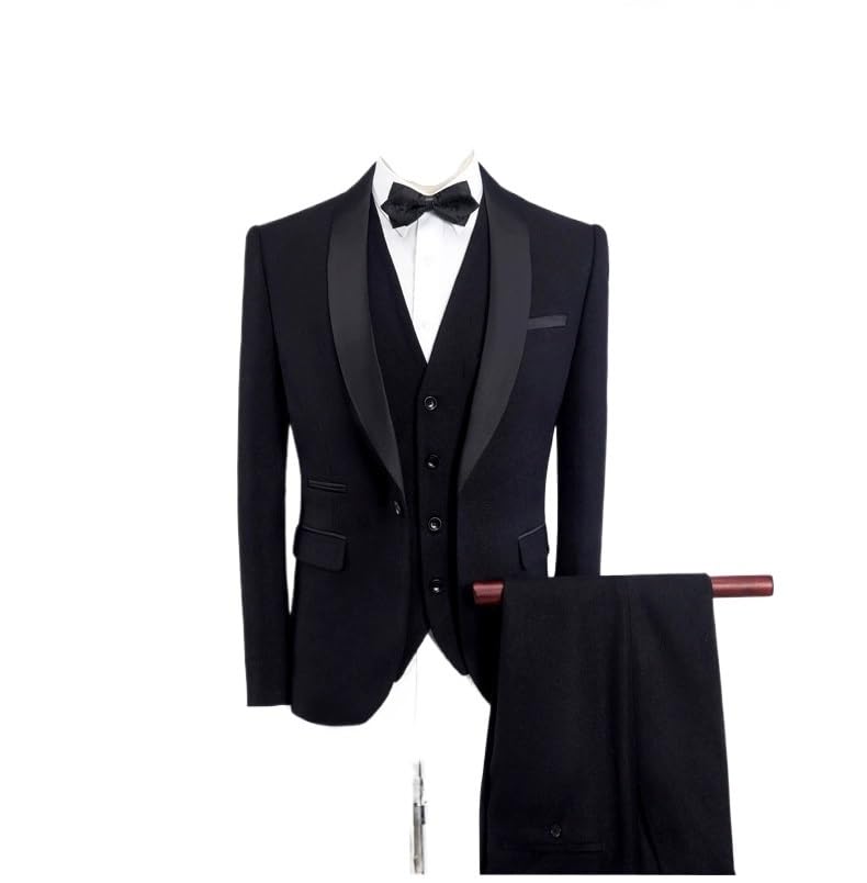 Business Suit for Men Slim Fit 3 Piece Tuxedo Set with Pants Vest Formal Wear for Wedding Office Prom Look(Black,X-Large)