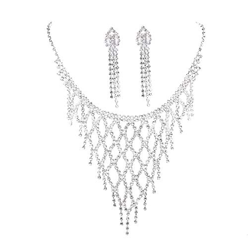 Preisvergleich Produktbild Muzhili3 Hochzeits-Schmuckset mit Rhombischem Raster-Quaste, Strass-Ohrringe, Halskette, Silber
