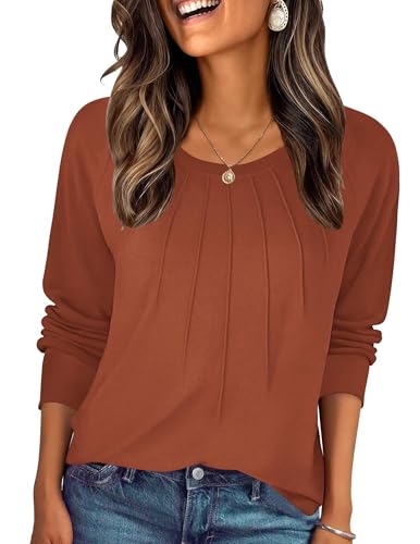 Zeagoo Long Sleeve Business Casual Shirts For Women Tunic Tops Crewneck Dressy Shirts Loose Fit Fashion Sweatshirts, Caramel L