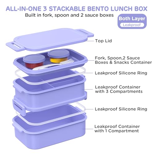 Image of DaCool Lunch Box Adults Bento Box - 74 OZ All-in-One Stackable Lunch Box Containers for Adult Large Bento Box with Fork Spoon Sauce Boxes, Leakproof Lunchbox for Work School Dining Out,Macaron-Color