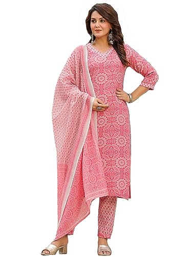 Image of GoSriKi Women's Cotton Blend Straight Printed Kurta with Pant & Dupatta