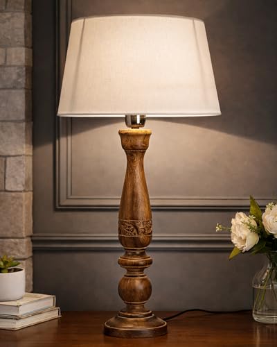 Image of Homesake Handcrafted Wooden Table Lamp for Bedroom & Living Room | Decorative Bedside Reading Lamp with Fabric Shade, E27 Holder | Bulb Included | Black Floral Carved Base for Home Decor, White Drum