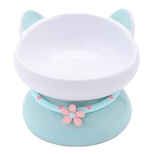 Lavwacdセラミック製の猫と犬のボウル、15度傾斜のフードとウォーターボウル、首と背中の負担を軽減し、呼吸器系の痛みを防ぎ、滑り止め設計、電子レンジと食器洗い機対応、かわいい猫耳デザイン、お手入れ簡単、装飾的な首輪付き (猫の陶器ボウル グリーン)