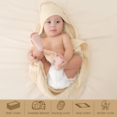 Image of david's kids 2 Pack Hooded Baby Towels, 100% Muslin Cotton 6-Layer Ultra Soft Breathable Absorbent Baby Bath Towels for Infant and Toddler, Newborn Essentials, Large 32x32Inch, Beige & Ginger