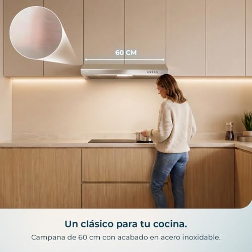 Cecotec Campana Extractora Convencional 60 cm Bolero Flux CM 602100 Inox A. Acabado Inox, Succión 228 m³/h, 3 Velocidades, Filtro de Aluminio, Clase A, Motor BLDC y Luz LED - Imagen 5