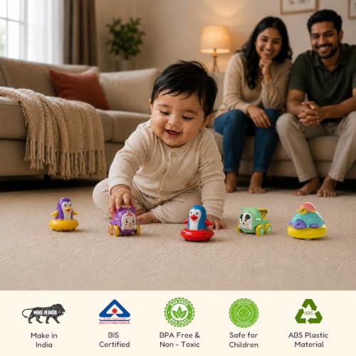 Image of Friction Powered Toy Vehicles Pack of 4 for Kids with Topsy Turtle, Penguin, Carnival Car with Whistle & Farm Truck Designs,Best Gift for Kids, 3+ Years