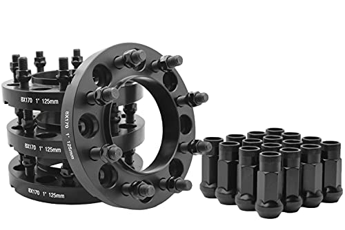 4 Pc Hub Centric Wheel Adapters Spacers | 8x170 MM | 1" Thick | M14x1.5 + 32 Pc Tall Opened End Black Lug Nuts W/Thread Locker Works with 2003-2019 Ford F-250 F-350 Super Duty
