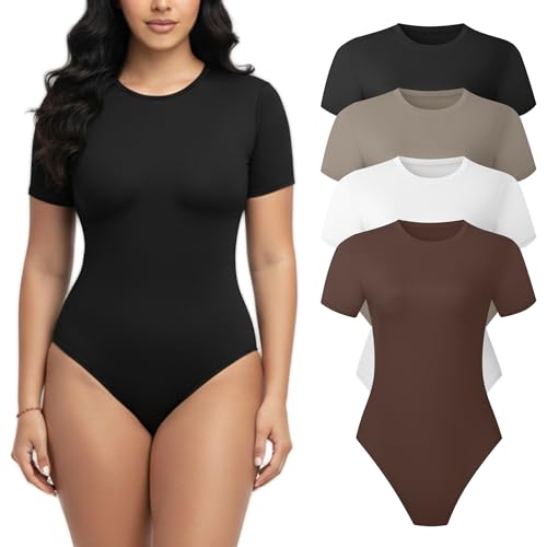 Dalavch 4 Pack Short Sleeve Bodysuit for Women Crew Neck Stretchy Casual Basic Fitted Body Suits T...