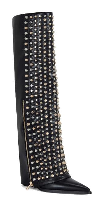 Rhinestone Studded Knee High Womens Fold Over Shark Boots