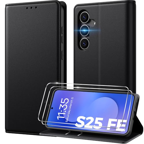 Peakally Coque pour Samsung Galaxy S25 FE, [ Verre Trempé Protection*2], [ Blocage du Signal RFID ] [ Premium PU ] [ Pochette de Portefeuille ] Etui à Rabat pour...