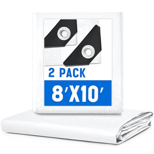 Image of 2 Pack White Tarps 8 x 10 ft, 5.5 Mil Heavy Duty Waterproof Tarp, Multipurpose Shade Tarps for Patio, Swimming Pools, Boats, Camping, Courtyards, Sun Shade & Outdoor Protection Cover