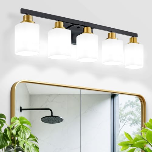 Image of 5-Light Black and Gold Vanity Light,Bathroom Lighting Fixtures,30 inch
