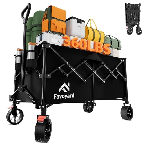 Favoyard 42" Extra Large Collapsible Wagon Carts Foldable 360LBS Heavy Duty Beach Wagons with Big Wheels & Brakes Portable Folding Cart for Shopping Grocery Utility Sports Garden Camping Outdoor