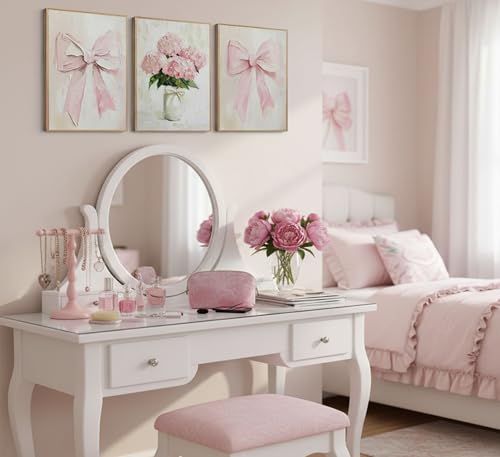 Image of 3Pcs Trendy Pink Bows Canvas Wall Art for College Apartment Bedroom Decor