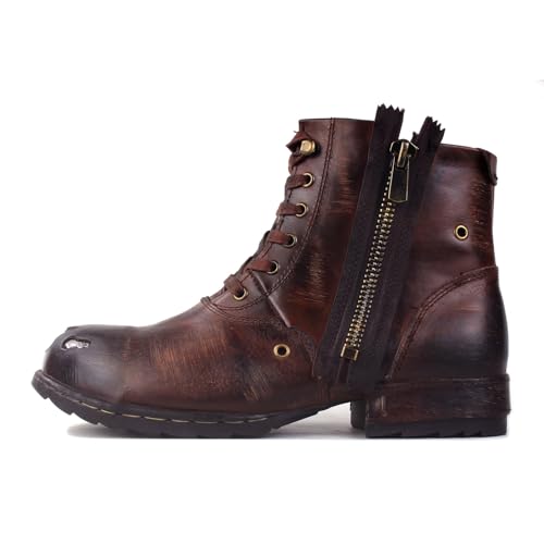 OSSTONE Moto Boots for Men Fashion lace-up Leather Chukka Boots Casual Shoes Metal Cleats OS-5008-8-Metal-Brown2